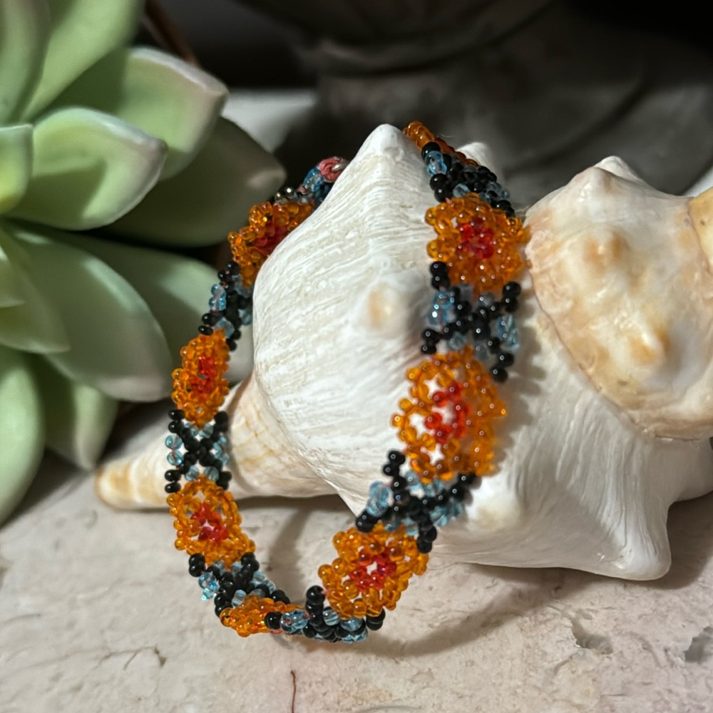 Handmade Beaded Bracelet-Seed Beads-Hook Closure-Orange/Black/Blue/Red